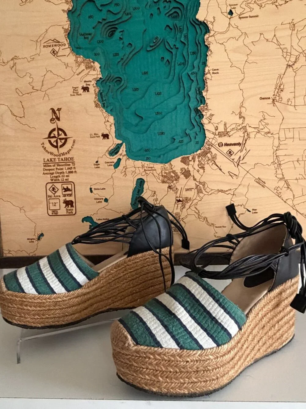 Chloe green striped/ leather straps espadrille wedges/ shoes sz 37 sz US 7